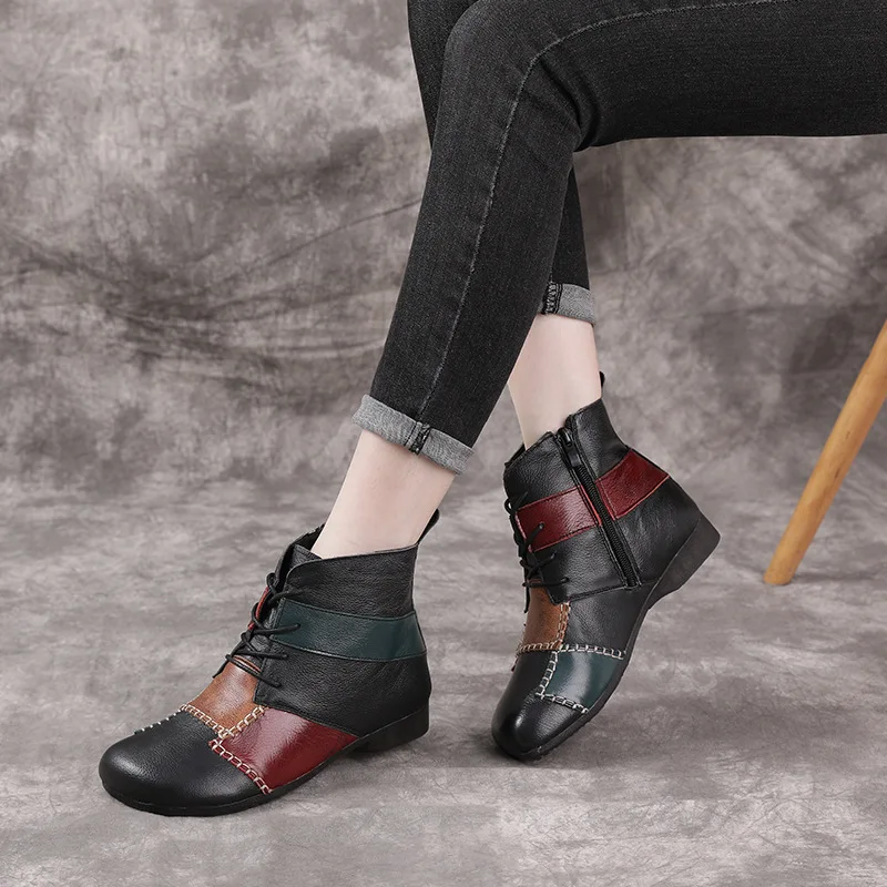 2022 New Autumn Winter Women Boots Retro Ethnic Style Patchwork Leather Booties Fashion Ladies Low-heel Ankle Boots Comfy Soft