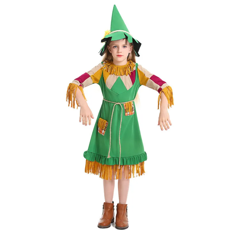 

Green Tassel Girls Puppet Scarecrow Cosplay Kids Children Halloween Patch Beggar Costumes Carnival Purim Role Play Party Dress