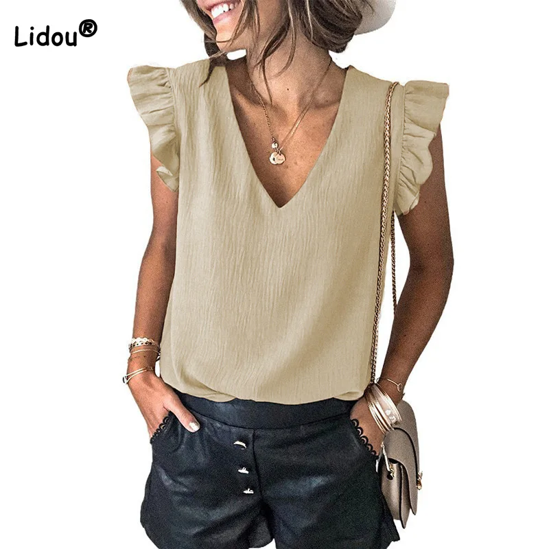 

Casual Solid Ruffles Sleeve Pullover Sleeveless T-Shirt Women's Clothing Summer Simplicity V-Neck Top Female Straight Type