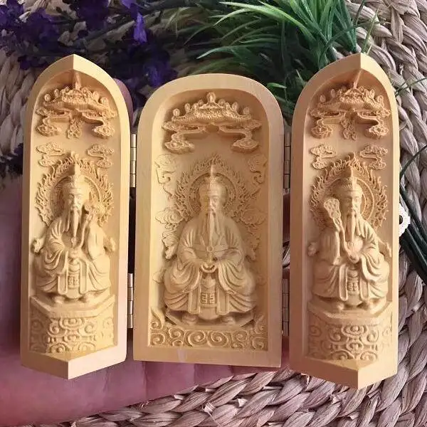 Фото Резная статуэтка Будды из палисандра (CZ boxwood) для дома, портативный футляр, Гуаньинь, Гуань Гунфанг, три священных символа, три открывающихся отсека. №3