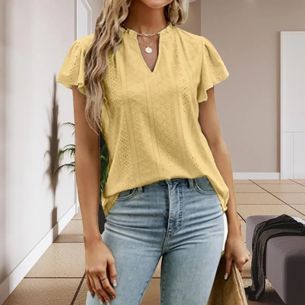 

Women Tee Shirt Soft Women T-shirt Top Ruffle Collar Summer Ladies T-shirt Blouse Dating Wear