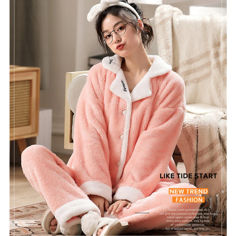 Winter Warm Flannel Women Pyjamas Sets Thick Coral Velvet Buttons Long Sleeve Plush Sleepwear Solid Color Pajamas Set Homewear