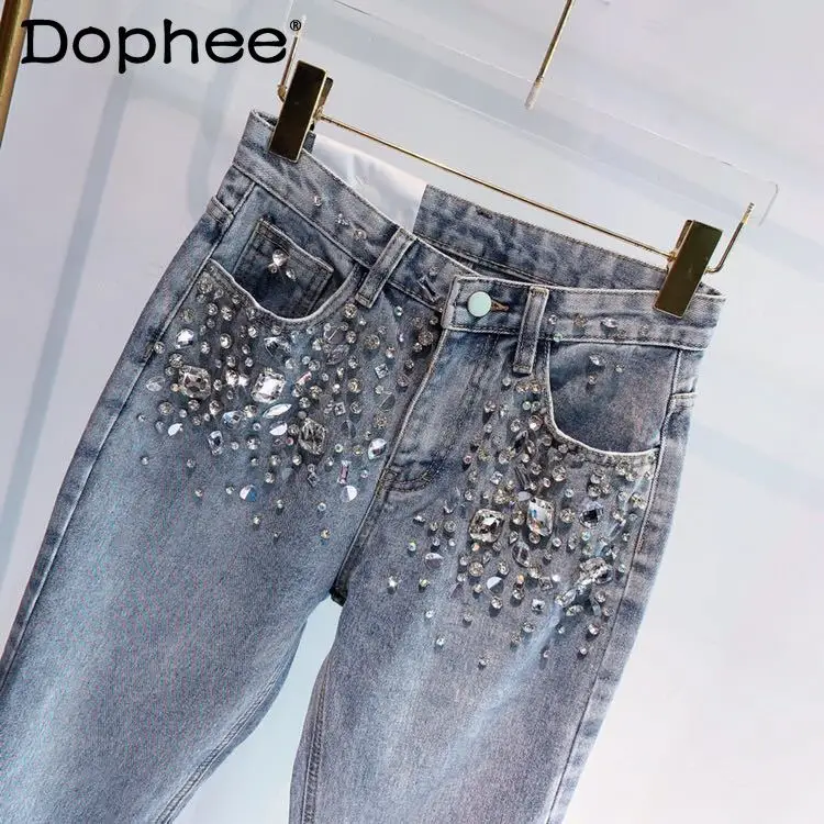 Street Heavy Diamond Rhinestone Flash Casual Baggy Pants High Waist Cotton Casual Denim Trousers 2022 Spring New Jeans for Women