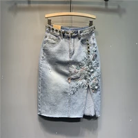 2022 summer new embroidery flower denim skirt light blue split retro midi skirts elegants women package hip sexy skirts