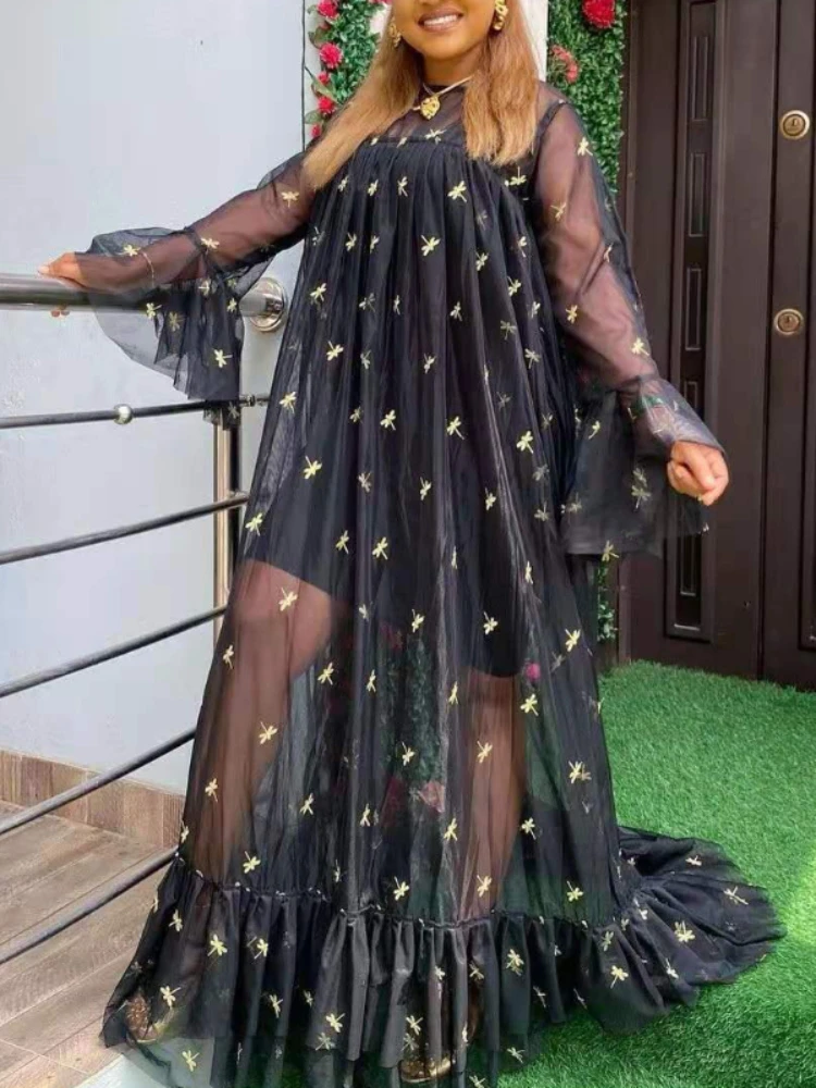 

Длинные вечерние платья макси, прозрачное черное платье с вышивкой, СВОБОДНЫЙ Модный комплект из двух предметов, Клубные наряды знаменитос...