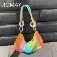 jiomay rhinestones evening clutch bags luxury designer handbags 2022 women rainbow knotted straps crystal underarm shoulder bags