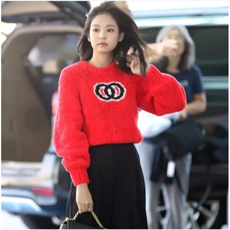 

Autumn Winter Kpop Fashion Women Sweater Lamb Wool Sweaters Bottoming O-Neck Letter Pullover Sweater Women Oversized Sweater