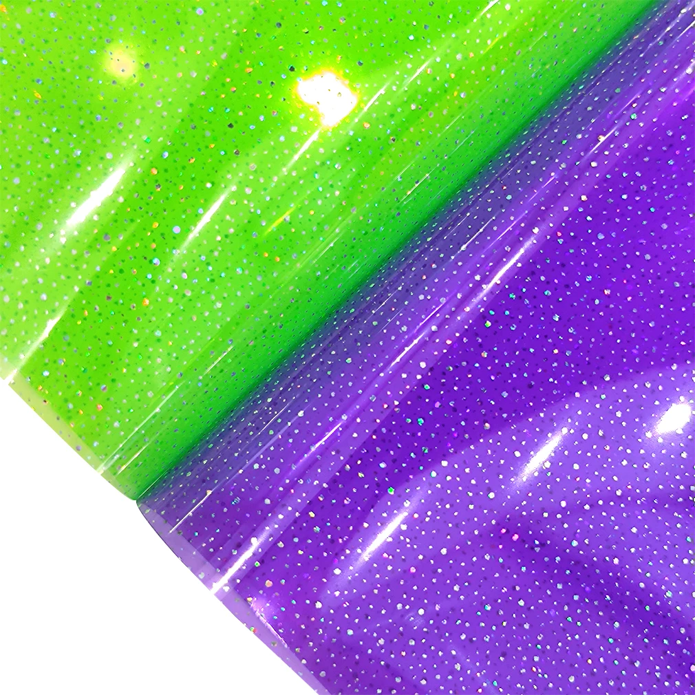 

Sequins Printed PVC Transparent Holographic Faux Leather Sheets，Fabric for upholstery DIY desk mat handbags umbrella crafts