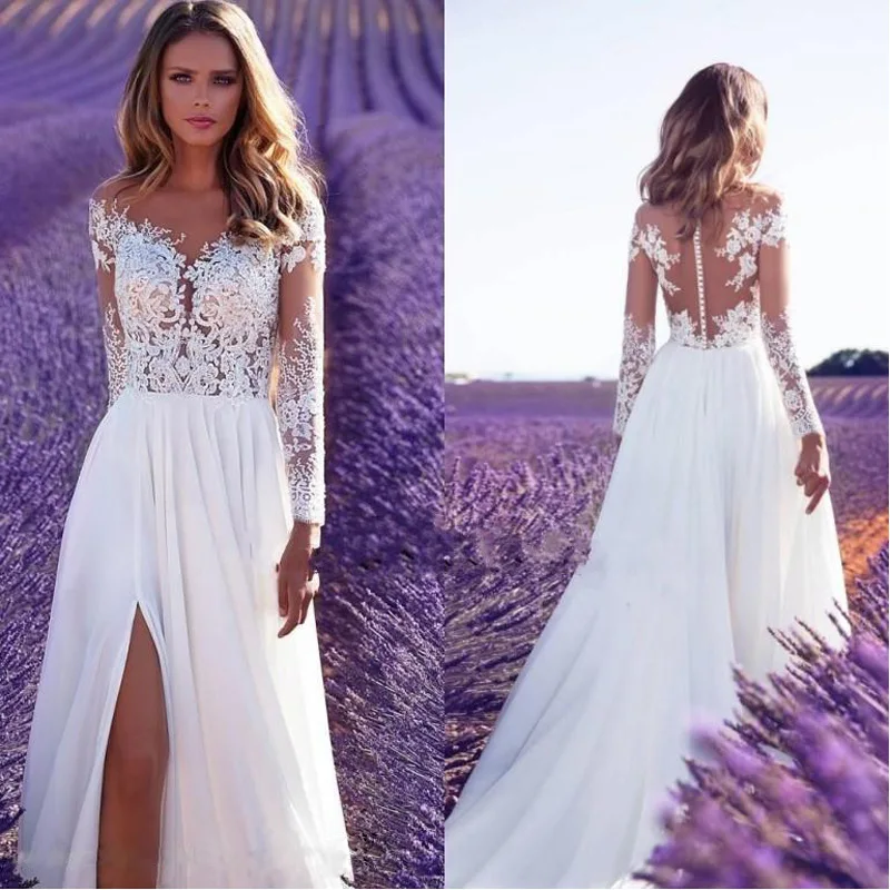 

Boho Wedding Dress Sheer Long Sleeve Lace Wedding Bridesmaid Dress Slit Maxi Backless Sexy V Neck Bridal Dress Vestidos De Noiva
