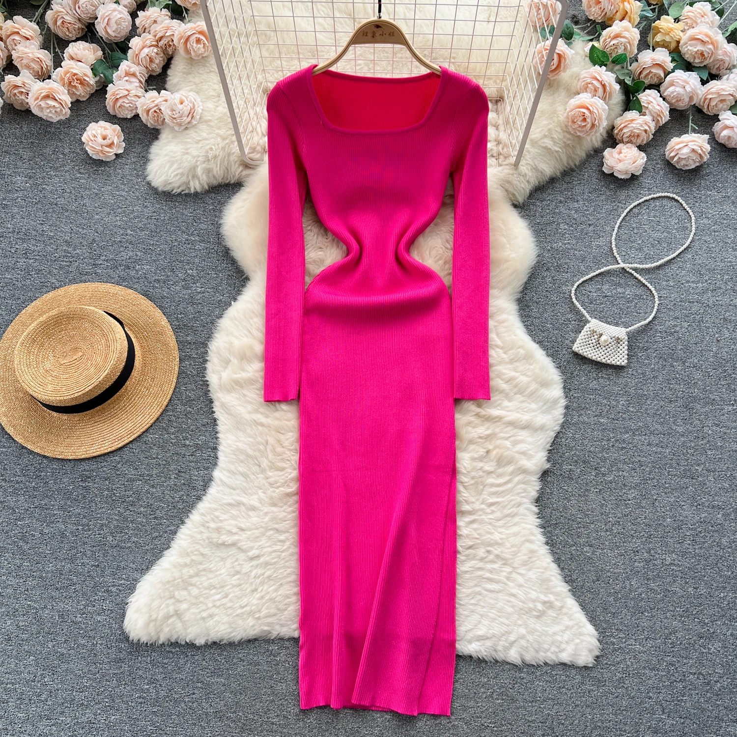 

Элегантное вязаное облегающее платье-карандаш с квадратным вырезом и длинным рукавом, модный базовый облегающий свитер, сексуальная Женская осенне-зимняя одежда