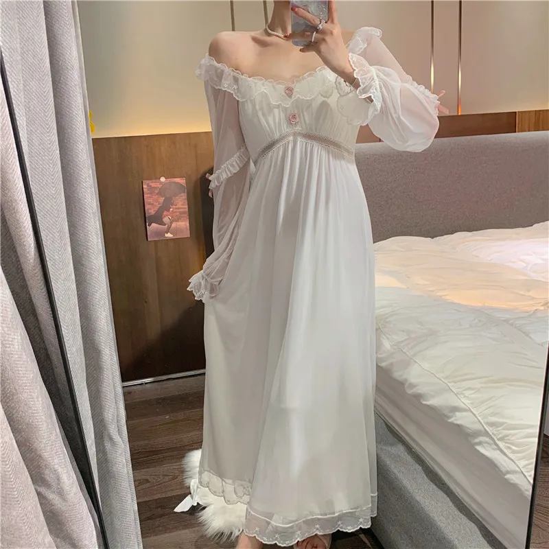 

Long Sleeve Retro French Court Style Nightdress Home Dress Sexy Perspective Sleepwear Women Sweet White Lace Princess Nightgown