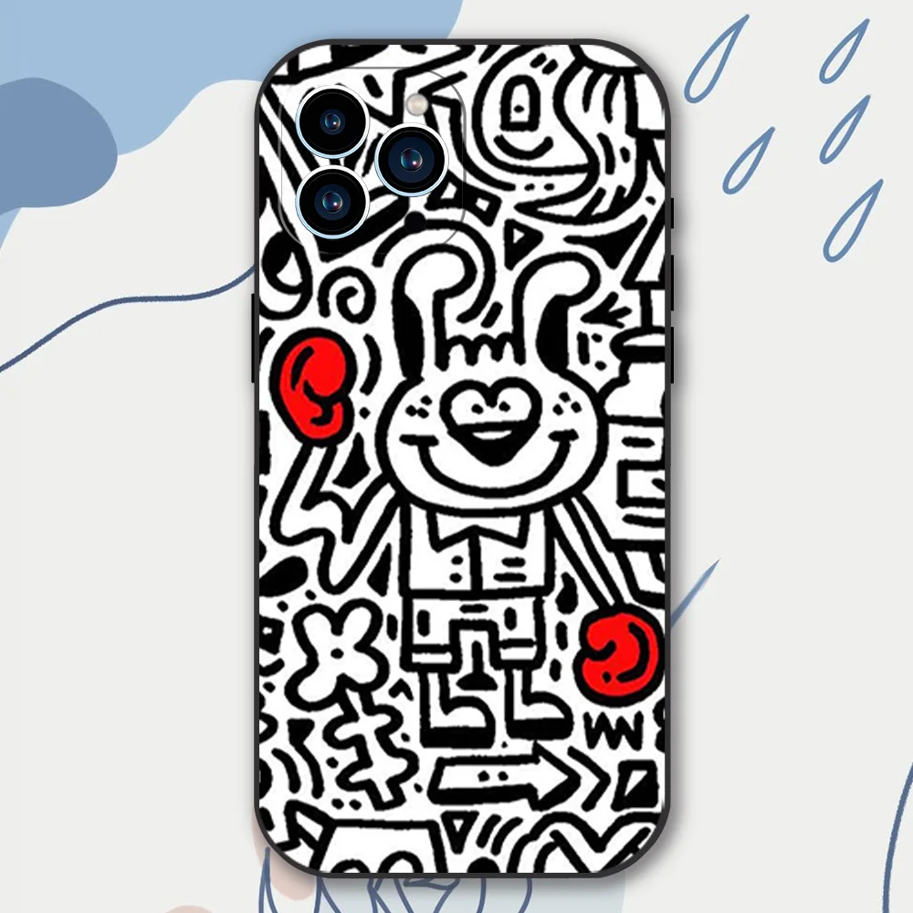 Graffiti-Art Mr Doodle Phone Case for iPhone 12 11 13 14 15 16 Max Pro Plus Black Soft Silicone Cover