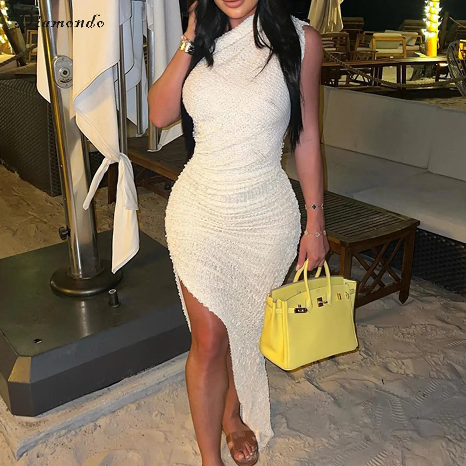 

Ladies One Shoulder Dress Side Slit Women Tunic Short Dress Solid Color Asymmetrical Y2K Style Sleeveless Streetwear Suit