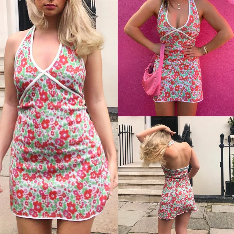 

Women Y2K Knitted Summer Beach Halter Fashion V Neck Mini Club Wrap Dress Backless Floral Party Short Dress Red