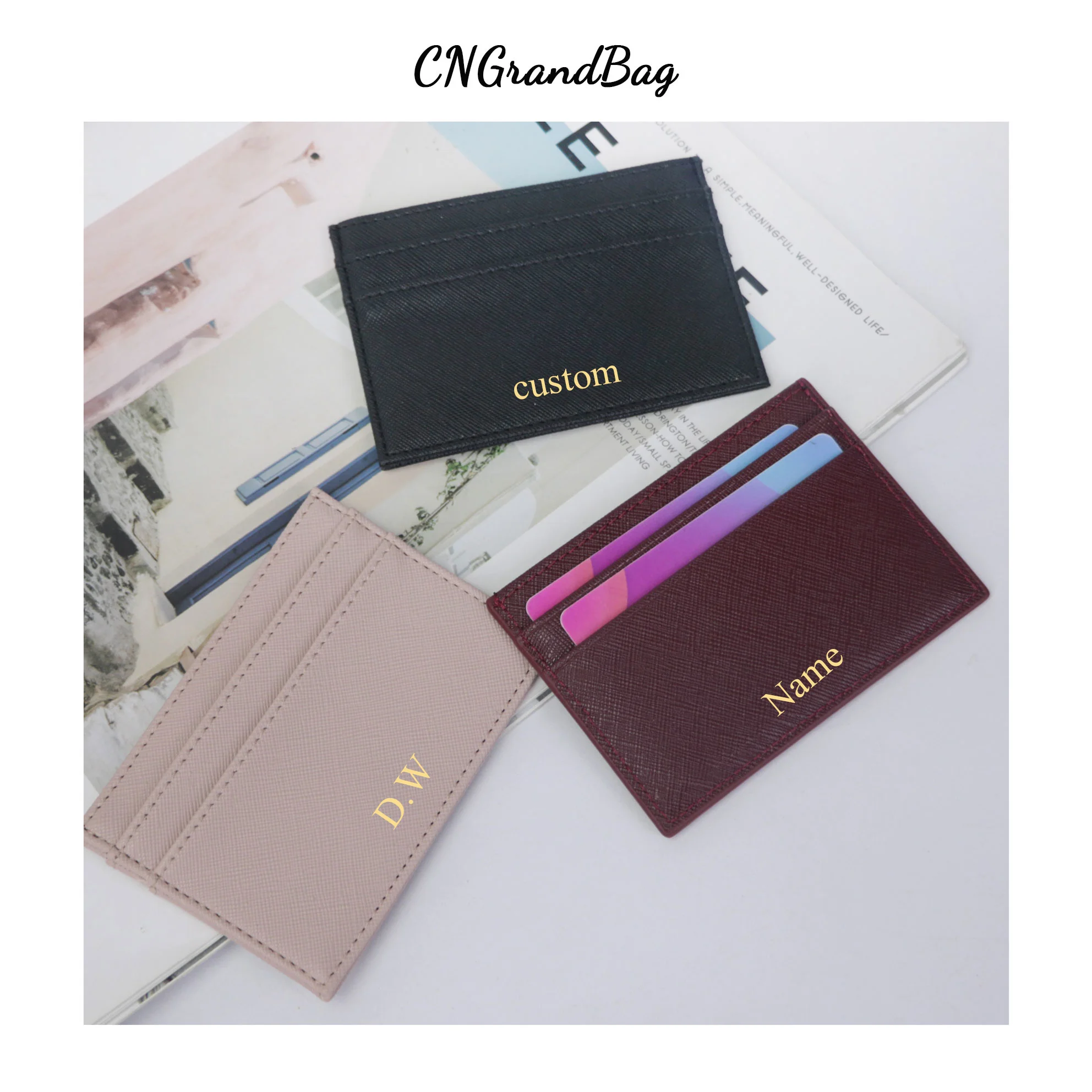 Free Custom Initial Letters Dropshipping Slim RFID Blocking Wallet Saffiano PU Leather Credit Card Holder ID Card Case Gift