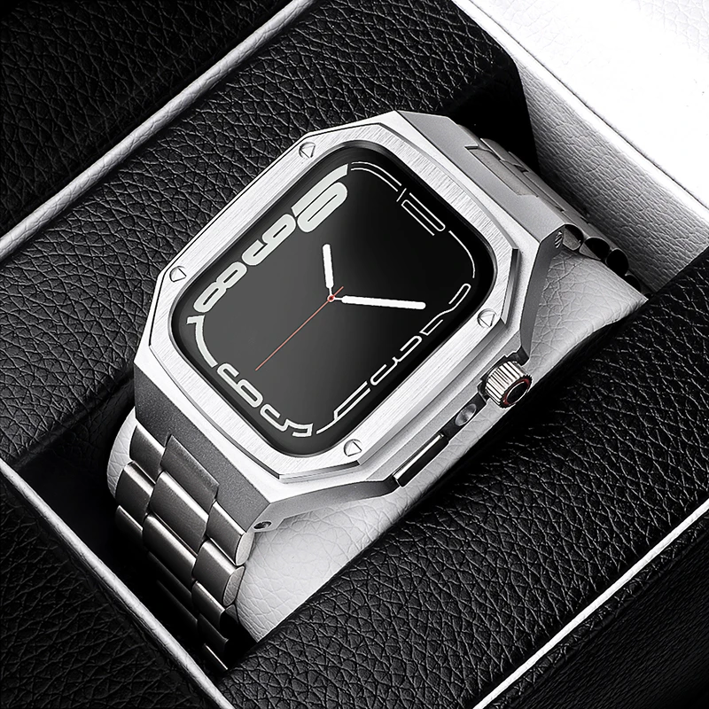 

Stainless Steel Strap Case for Apple Watch Band Modification 44mm 45mm 41mm Metal Mod Kit Set for IWatch Series 7 6 SE 5 4 3 2 1