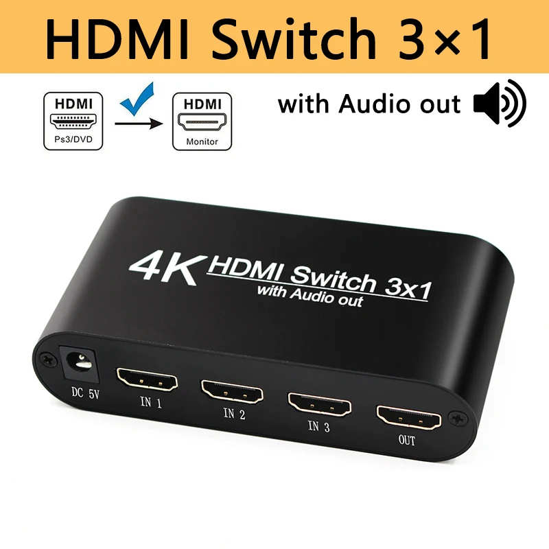 Conmutador HDMI con divisor de Audio, 3 Entradas y 1 salida, interruptor 3x1 para XBOX 360, PS4, Smart Android, HDTV 4K, adaptador de salida 3 en 1