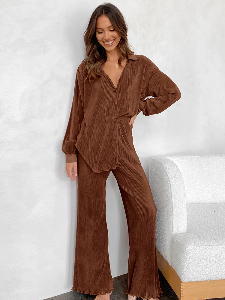 

Linad Loose Women's Pajamas Set Pleated Long Sleeve Pajamas Fashion 2 Piece Sets Trouser Suits Casual Female Sleepwear 2022