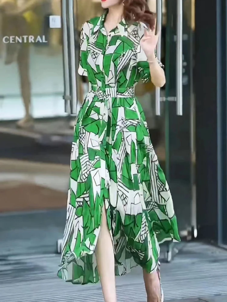 

Summer Women's Dress 2023 New In Dresses Fashion Print Mid-length Shirt Robe Vintage Lapel Belt Bohemian Casual Vestidos
