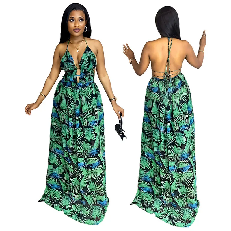 

2023 African Dresses for Women Print Sexy Sleeveless Backless Long Maxi Dress Summer Holiday Style Deep V Halter Dresses Vestido