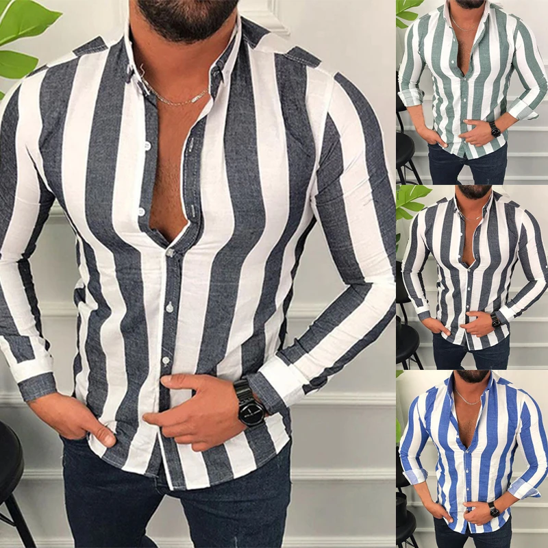 

Рубашка мужская полосатая с длинным рукавом, модная повседневная Пляжная блузка с принтом, лето