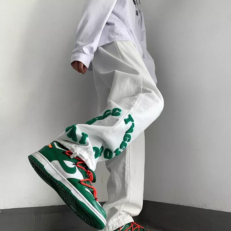 

NEW IN Flocking Embroidery Casual Pants High Street Spring Wide-leg Pants Men Women Fashion Hip Hop Drawstring Clothes