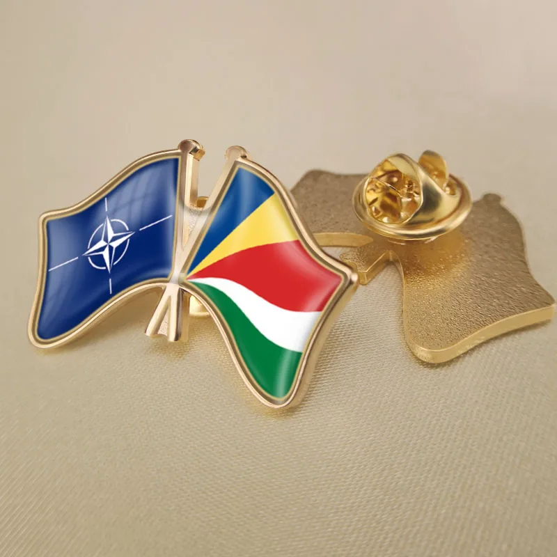 

North Atlantic Treaty Organization NATO and Seychelles Crossed Double Friendship Flags Lapel Pins Brooch Badges