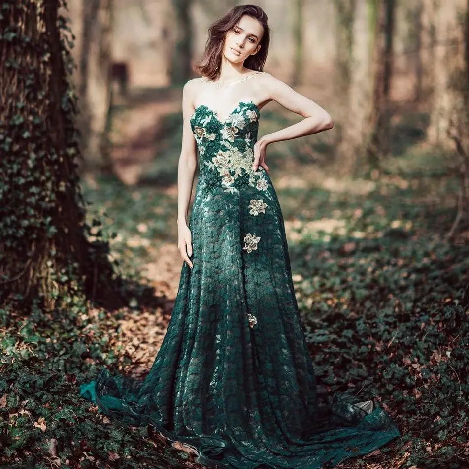 

Strapless Dark Green Elf Dress Fairy Dress For Photoshoot Applique Evening Dress Long Lace Tulle Prom Dress With Train Customize