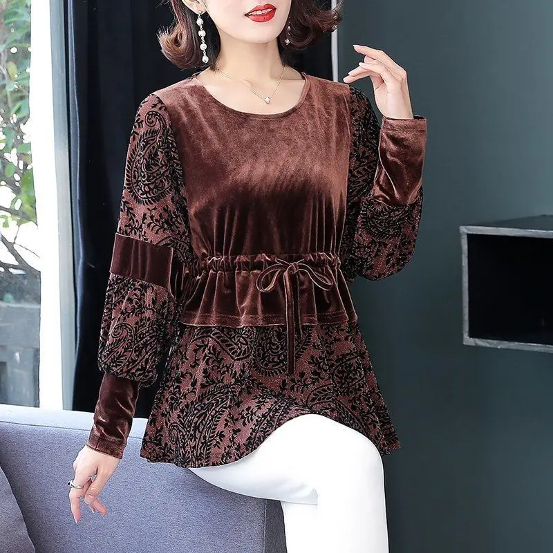 

Women T-shirt Autumn New Middle-aged Spring Round Neck Long-sleeved Gold Velvet T-shirt Bottoming Shirt Female Tops T845
