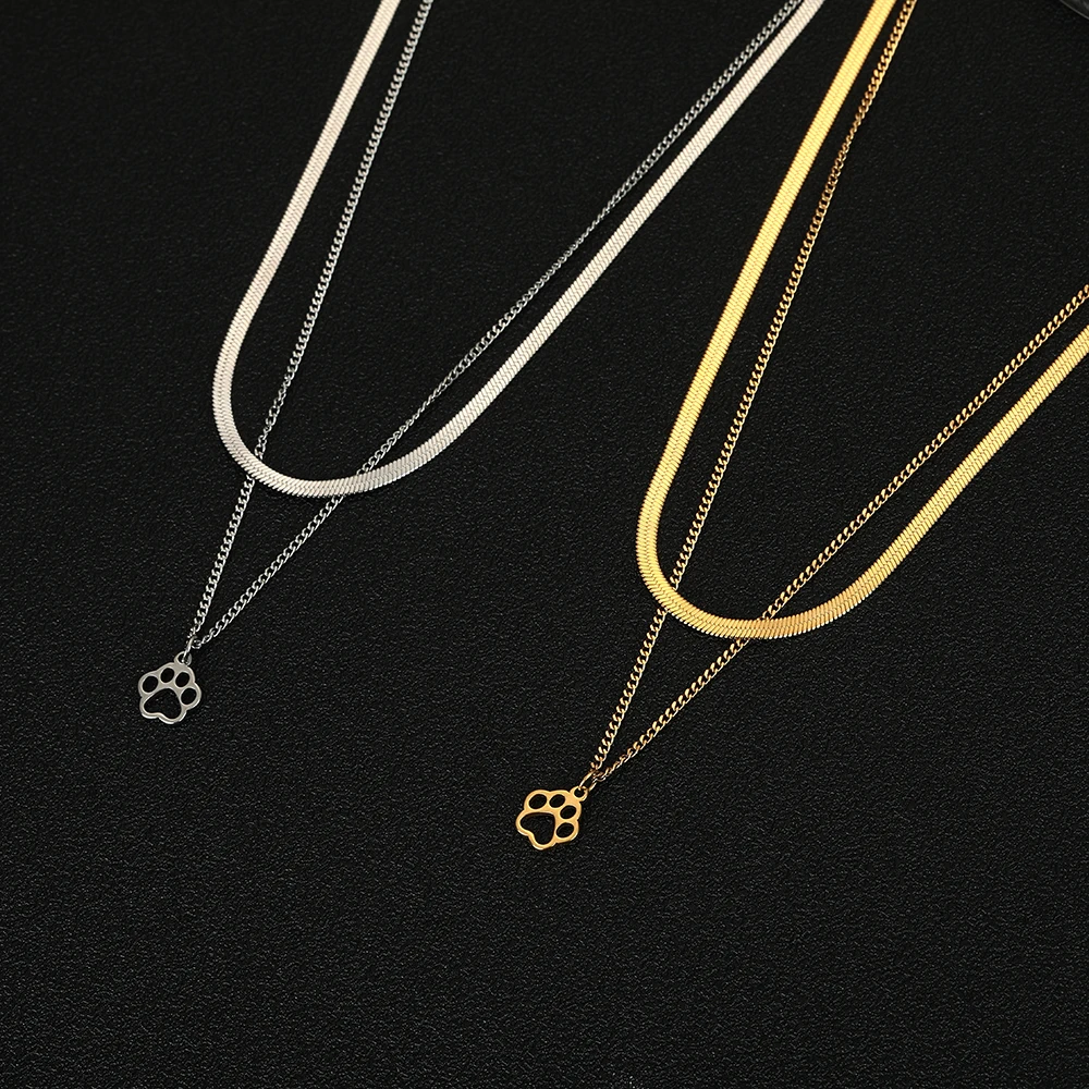 

Kkjoy Cat Paw Print Pendant Necklace For Women Men Silver Stainless Steel Hollow Double Chain Cute Fashion Jewelry Accessories