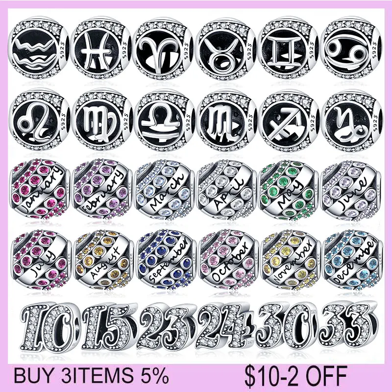 

Plata 925 Sterling Silver twelve constellations beaded Fit Original Pandora Bracelet&Bangle Making Fashion DIY Jewelry For Women