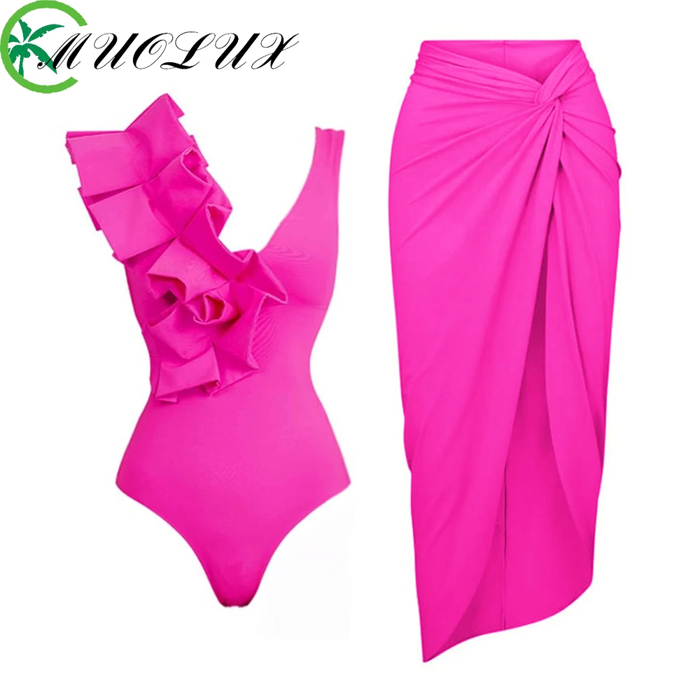 

MUOLUX 2023 One Piece Women Bikini Set Push Up 3D Flower Printed Ruffle New Sexy Swimwear Brazilian Biquini Bathing Suit Dress