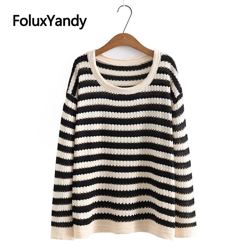 

8XL Plus Size Women Sweater Casual O Neck Loose Striped Hollow Out Long Sleeve Oversize Sweaters Black KKFY6288