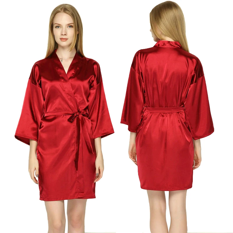 OWITER Burgundy Women Silk Satin Bride Robe Bridal Kimono Robe Bridesmaid Robes Wedding Party Sleepwear Bathrobe Dressing Silver