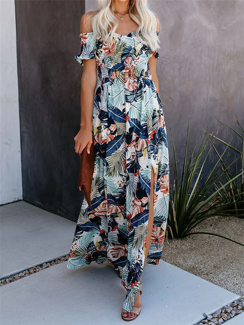 

Women's Off Shoulder Wrap Dress, Bohemian Style Short Sleeve Floral Print Long Beach Dress, 4 Colors, S/M/L/XL