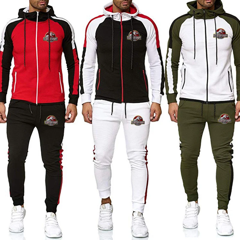 

Jurassic Park Printed New Comfortable 2 Pieces Sets Tracksuit Men Zipper Hooded Sweatshirt+pants High Quality Sportwear Suit