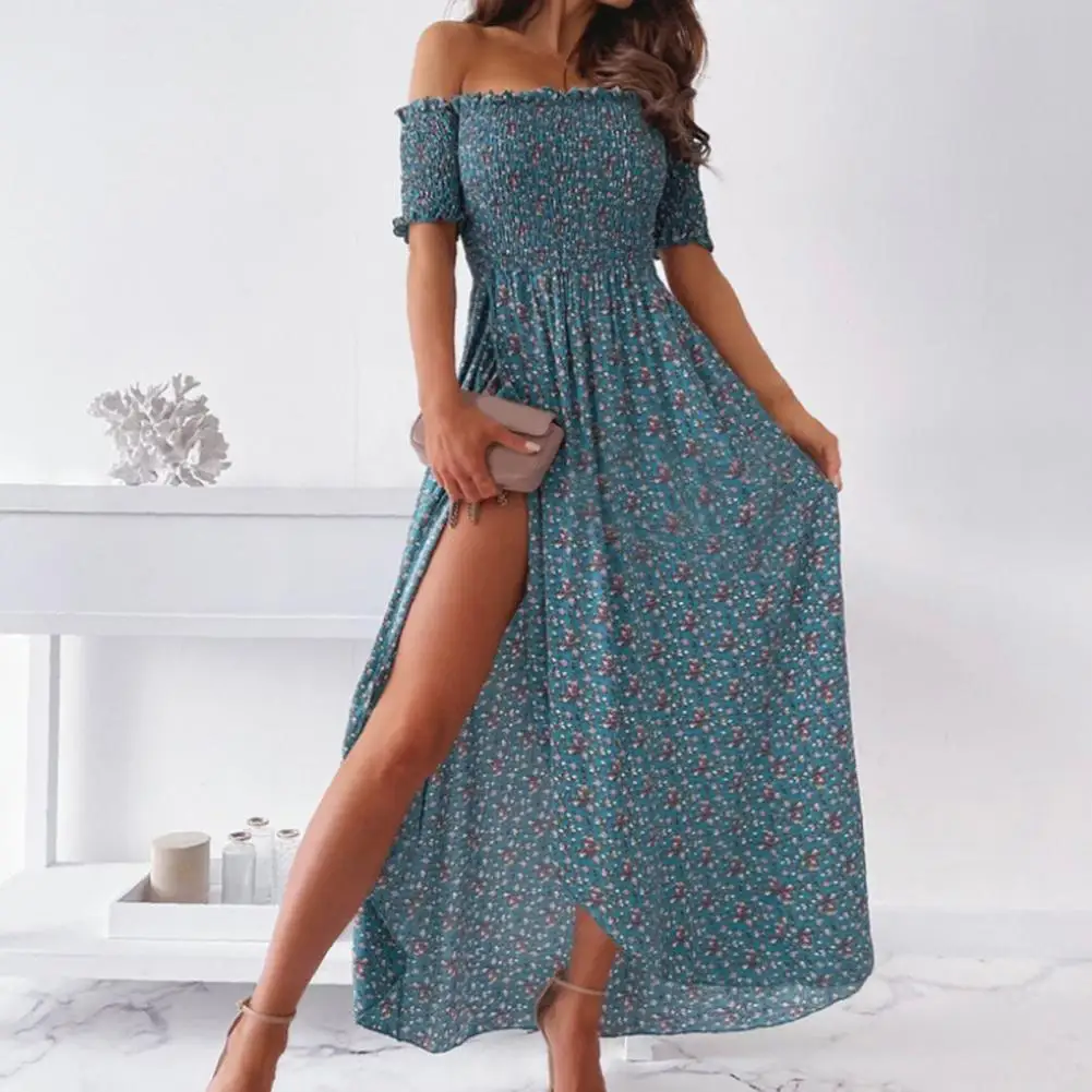 

Summer Women Dress Casual Off Shoulder Long Dresses Boho Floral Print Vacation Dress Split Party Dress Vestidos Femme Robe