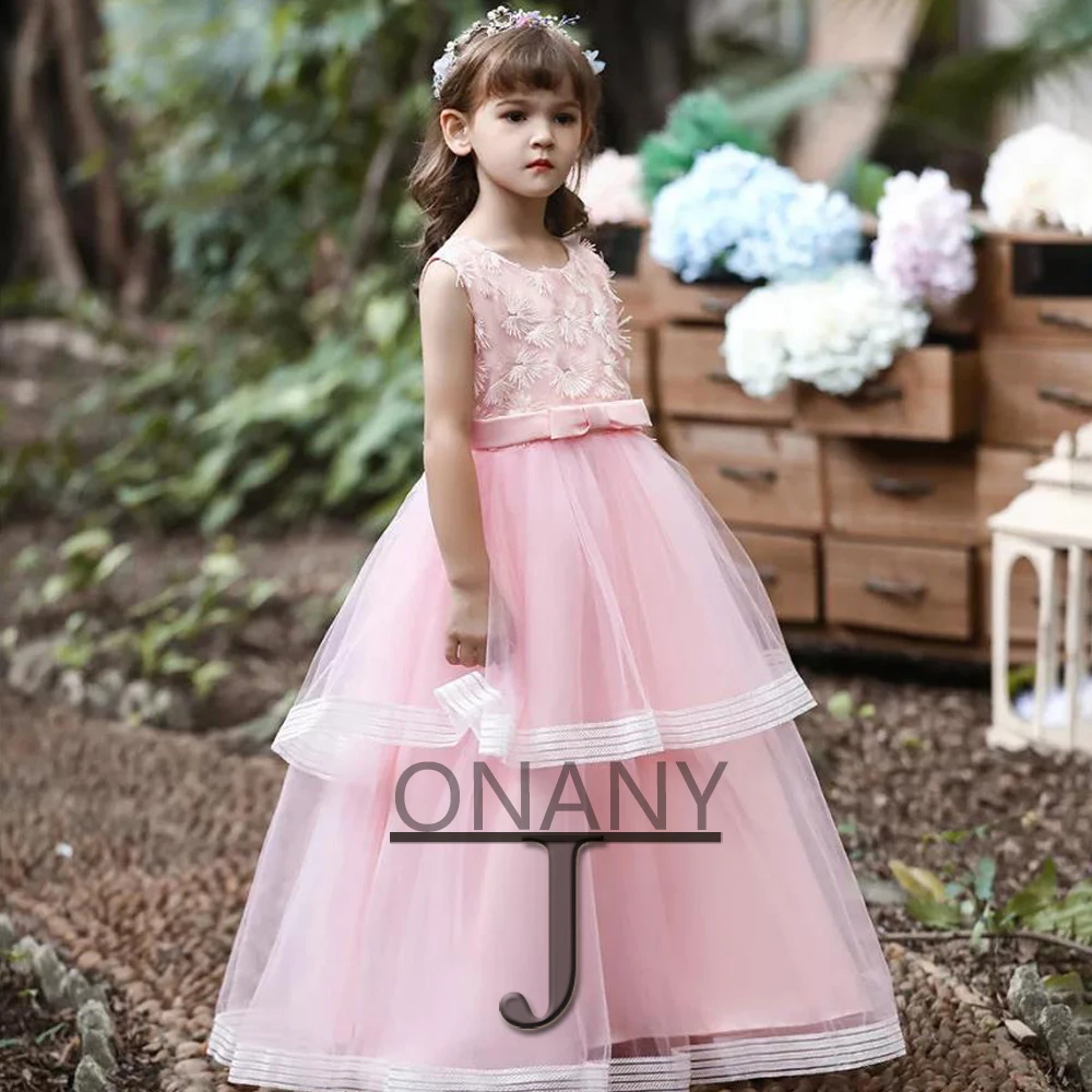 

JONANY Pastrol Pink Flower Girl Dress O-Neck Bow Customised Party Prom Pageant Vestido Little Girl First Communion Ceremony