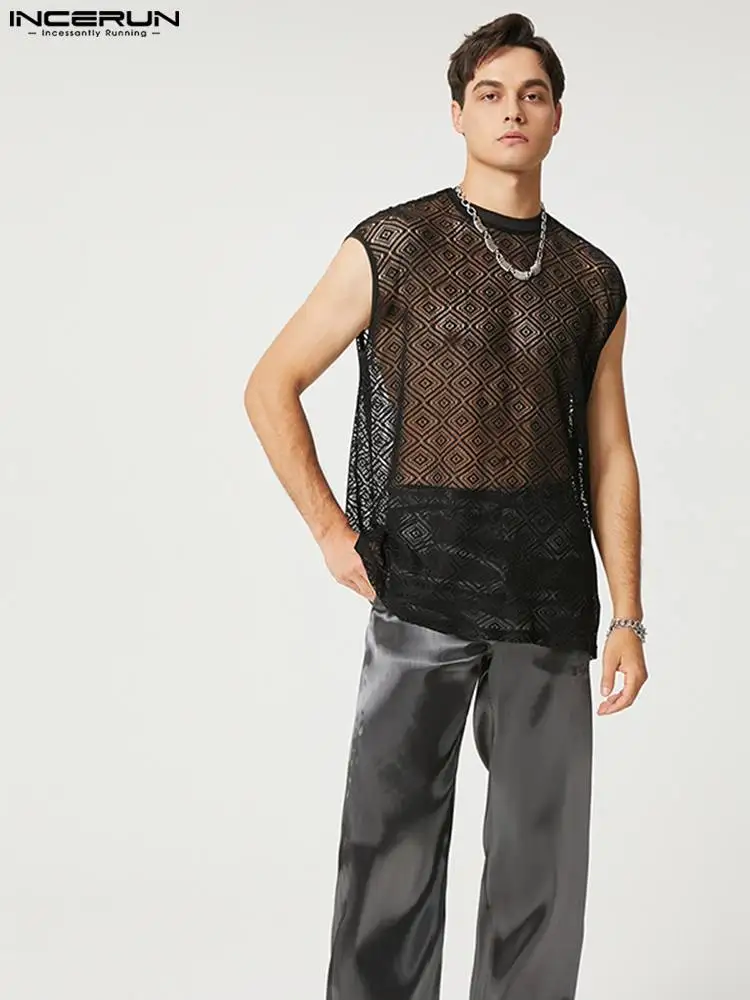 

INCERUN Tops 2022 American Style New Men Graphic Hollow Out Waistcoat Fashion Male Loose See-through Mesh Round Neck Vests S-5XL