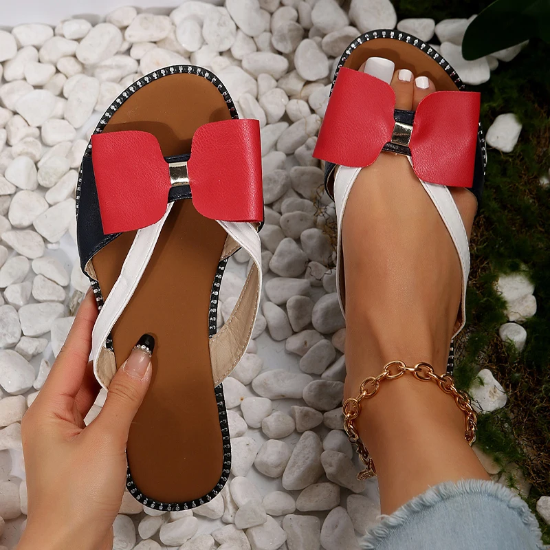 

Шлепанцы женские с бантом, сандалии на плоской подошве, пляжная обувь, повседневные богемные, сланцы, модель Лето 2023