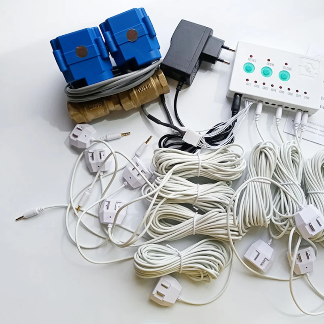 

808 Water Leakage Sensor With 8pcs Water Cables 2pcs DN15 DN20 DN25 Valves For Smart Home Water Overflow Detecting