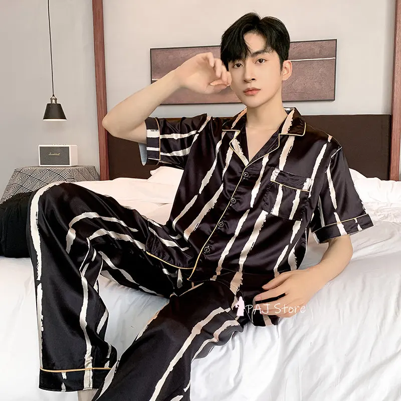 Men Sleepwear Silk Satin Pijama Set Pajama Sets Short Sleeve Sleep Home Clothes Man 2 Pieces Sets Home Suits Pyjamas L-5XL