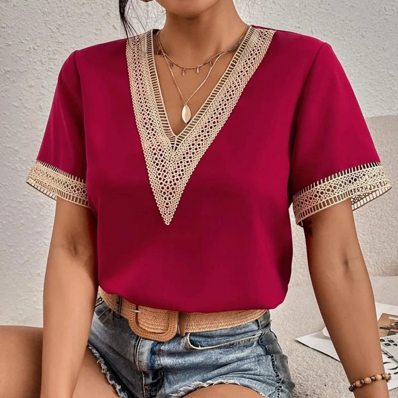 

Fashion Solid Hollow Clothes Summer Short Sleeve Chiffon Blouse Casual Splice Lace V-Neck Shirt Elegant Loose Tops Blusas 26454