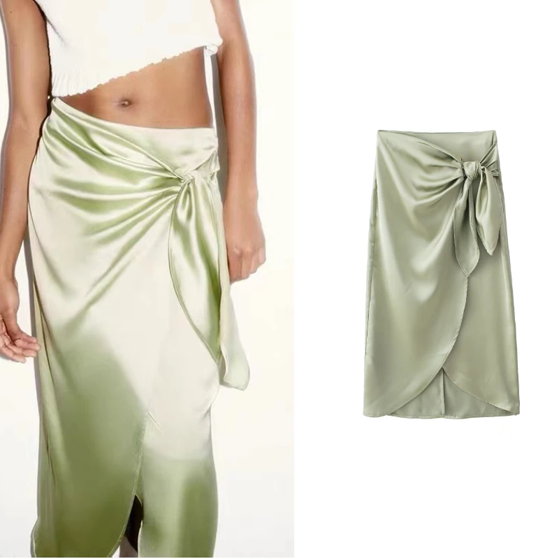 

Женская атласная юбка с высокой талией, асимметричная юбка с разрезом на подоле