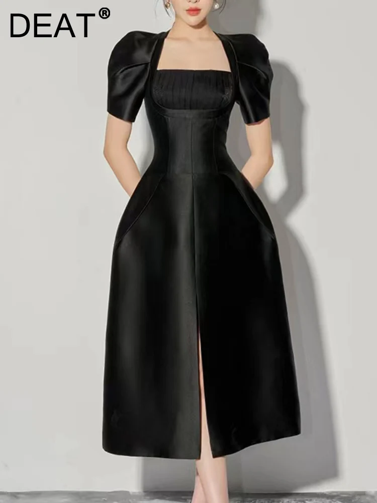 

[DEAT] Fashion New Ball Gown Women Puff Short Sleeve Dress Square Collar Folds Split Party Slim Dresses 2023 Spring 13DB1046