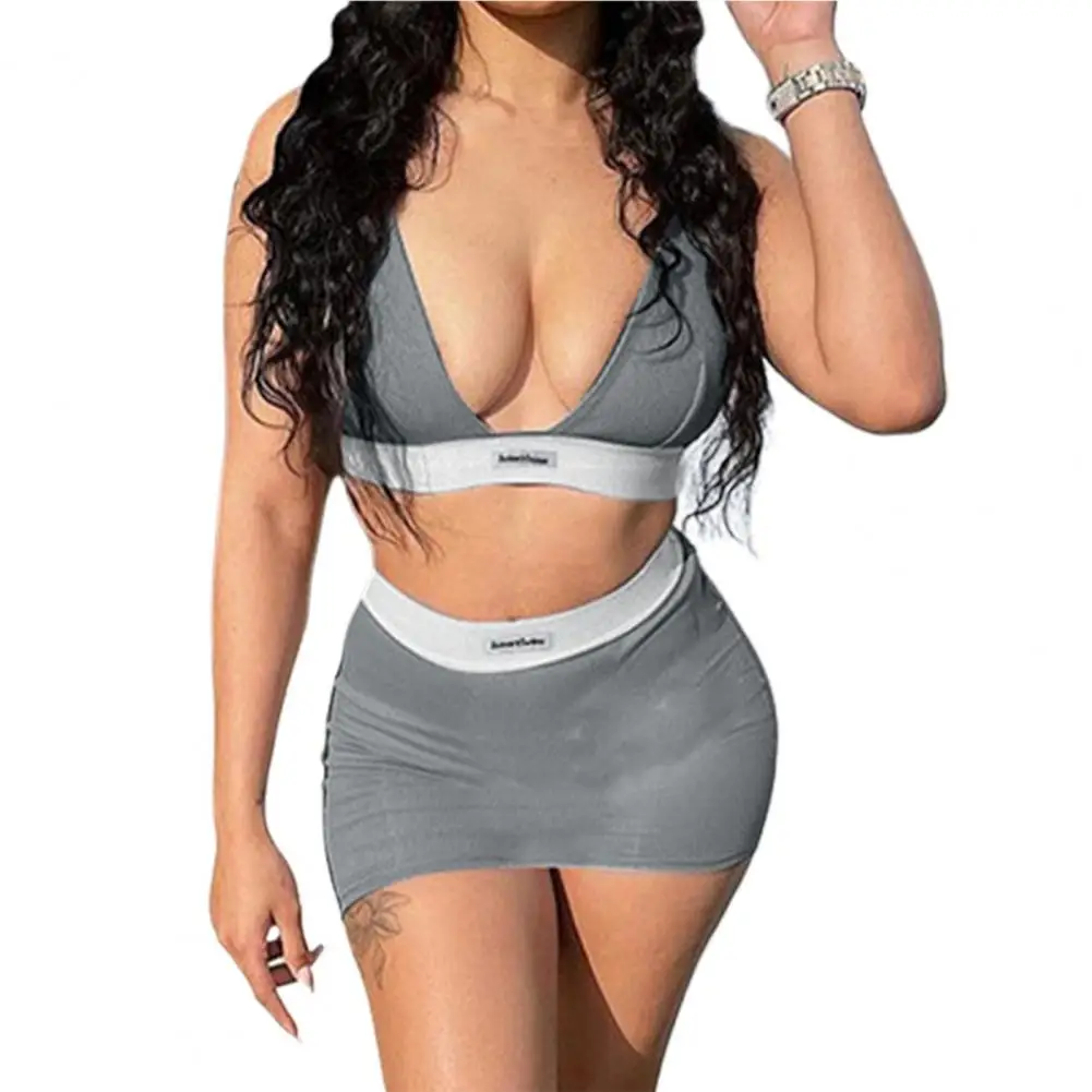 

Tank Top Skirt Set Contrast Color Bodycon Sexy Above Knee Charming Slim Fit Elastic Deep V Neck Sleeveless Women Vest Skirt Suit
