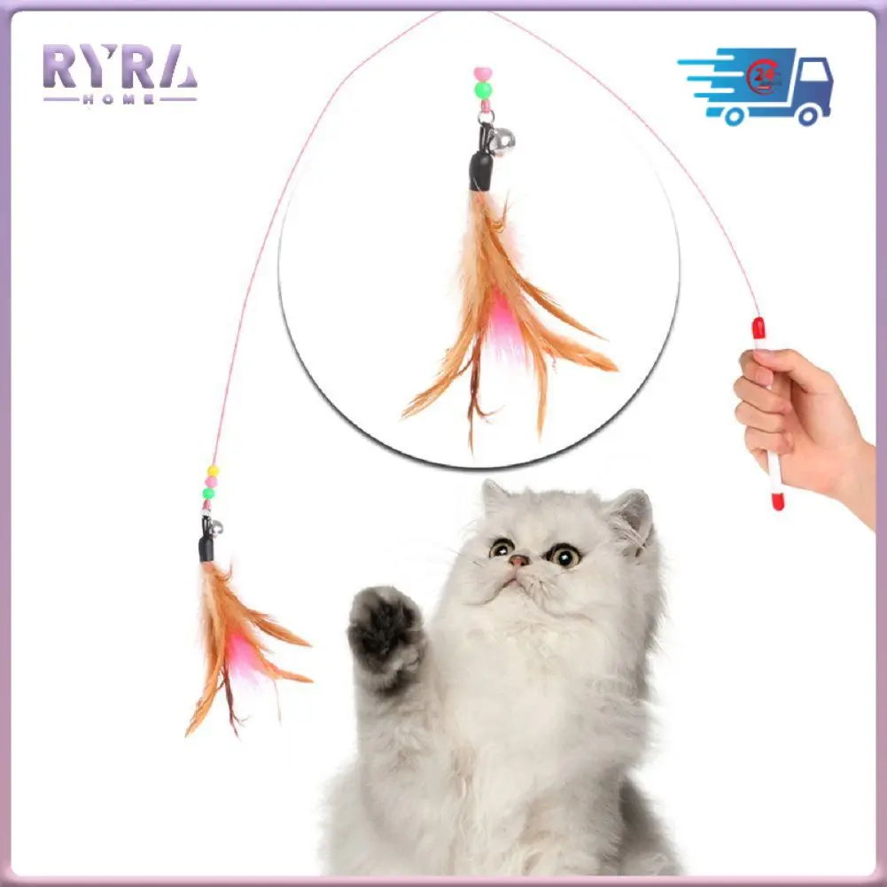 

Cat Teaser Interactive Toy Rod With Bell Funny Kitten Colorful Feather Toys For Pet Cats Stick Wire Chaser Wand Toy Random Color