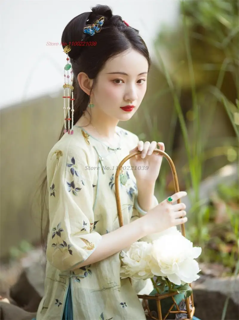 

2023 flower print retro tang suit hanfu blouse traditional chinese vintage tea service hanfu shirt oriental ethnic qipao blouse