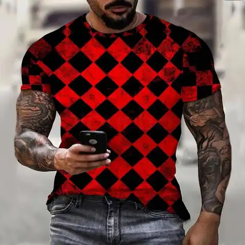 Футболка мужская в красную клетку, короткий рукав, оверсайз, Повседневная модная брендовая рубашка с 3D принтом, на лето