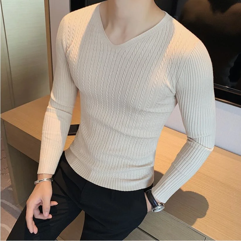 

2023 Winter Sweaters Men Korean Fashion Streetwear V-Neck Sweaters Solid Color Men Cashmere Sweater Woolen Slim Trends S-3XL